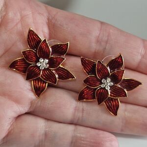 Vintage Eisenburg Ice Enamel Earrings Poinsettia Red Gold Rhinestone Pierced